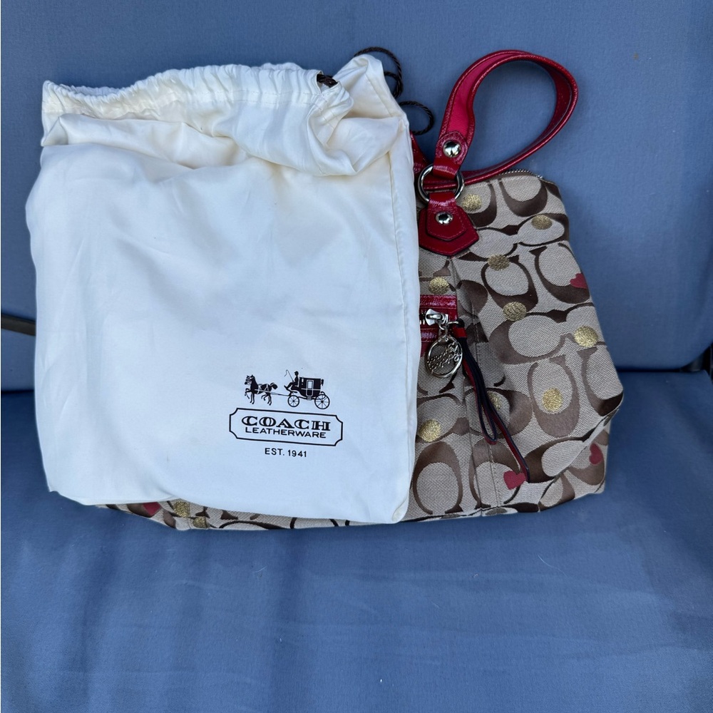 Coach Poppy Canvas Bag with Red and Silver Accents